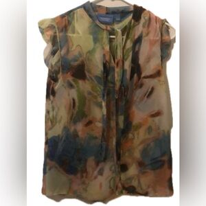 Simply Vera Wang | Small sheer, multicolor, tie neck, ruffle cap sleeve blouse